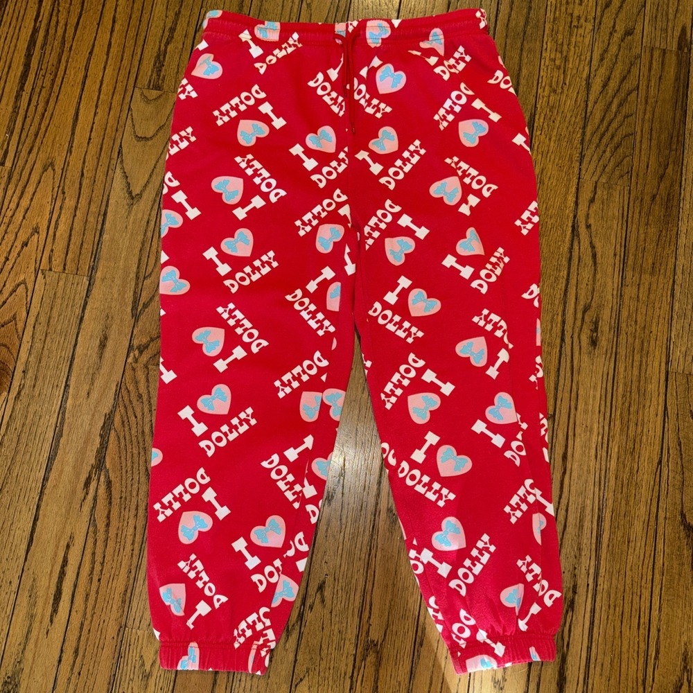 Dolly Parton "I Love Dolly" Sweatpants Joggers Sz XXL Red with Hearts & Bows 25"